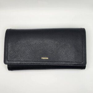 Fossil Black Pebbled Leather Full-Sized Wallet with Gold Hardware